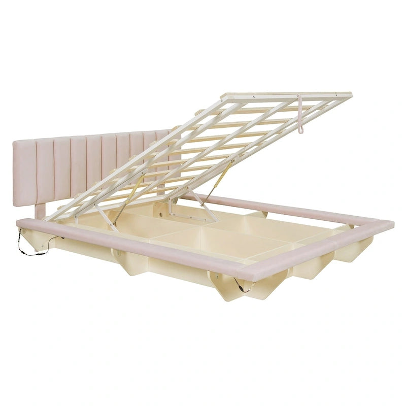 Lit Plateforme Capitonnée Queen Rose/Gris/Beige, 2 Personnes, LED & USB