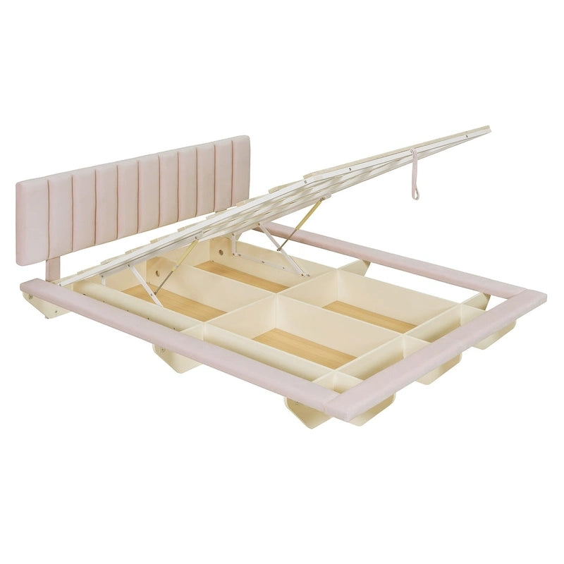 Lit Plateforme Capitonnée Queen Rose/Gris/Beige, 2 Personnes, LED & USB