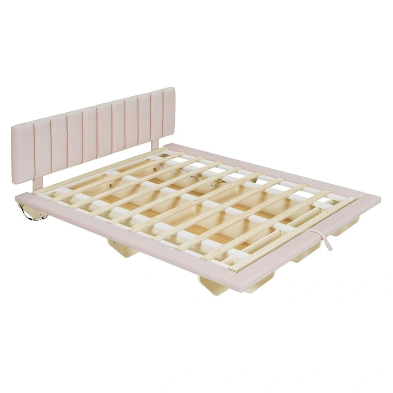 Lit Plateforme Capitonnée Queen Rose/Gris/Beige, 2 Personnes, LED & USB