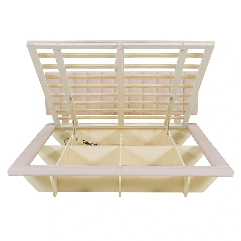 Lit Plateforme Capitonnée Queen Rose/Gris/Beige, 2 Personnes, LED & USB