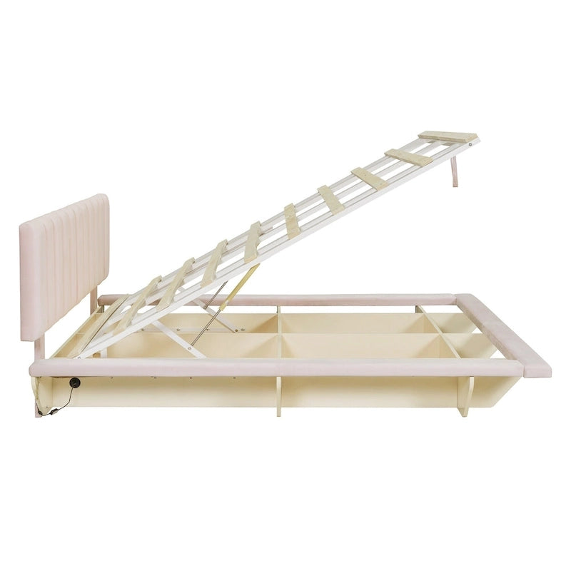 Lit Plateforme Capitonnée Queen Rose/Gris/Beige, 2 Personnes, LED & USB