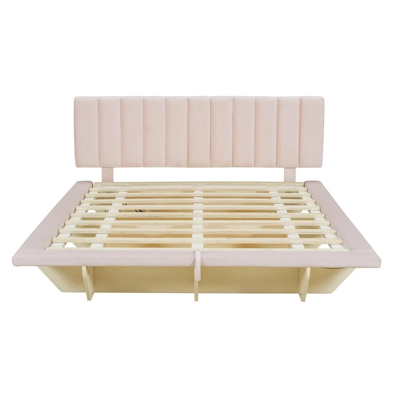 Lit Plateforme Capitonnée Queen Rose/Gris/Beige, 2 Personnes, LED & USB