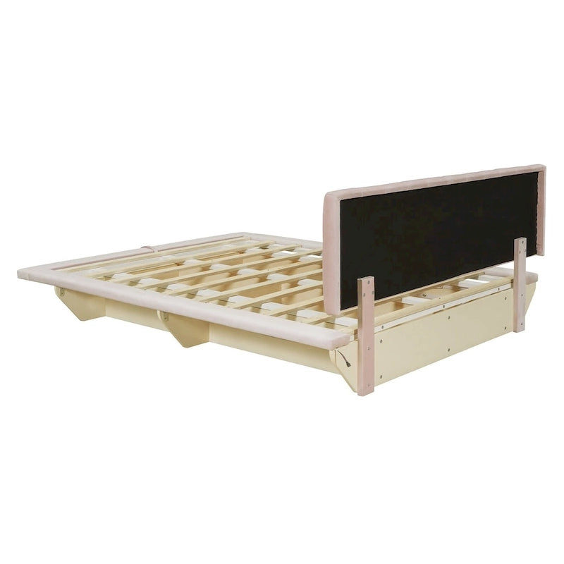 Lit Plateforme Capitonnée Queen Rose/Gris/Beige, 2 Personnes, LED & USB