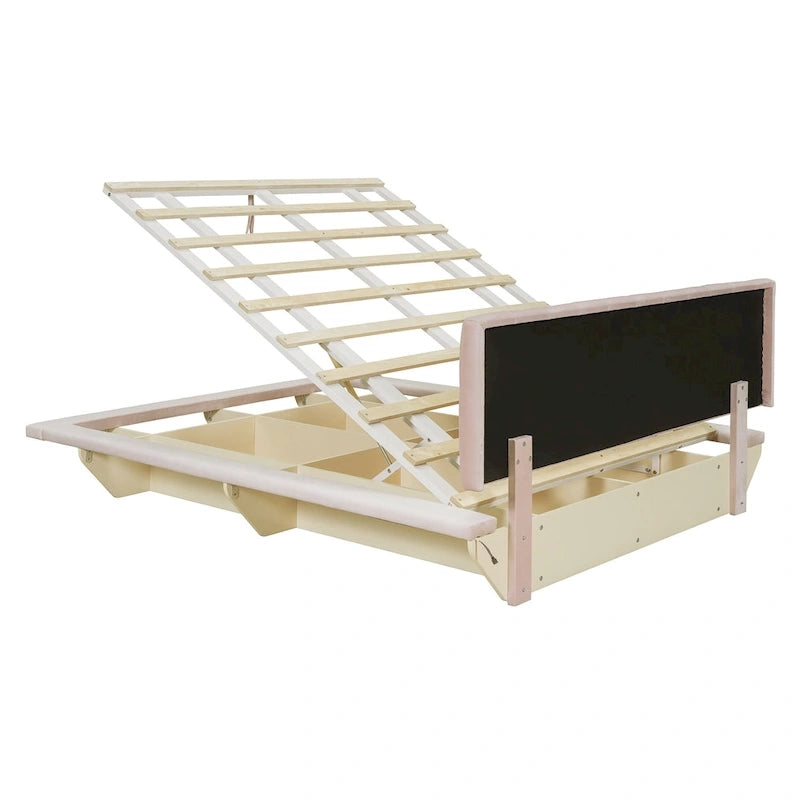 Lit Plateforme Capitonnée Queen Rose/Gris/Beige, 2 Personnes, LED & USB