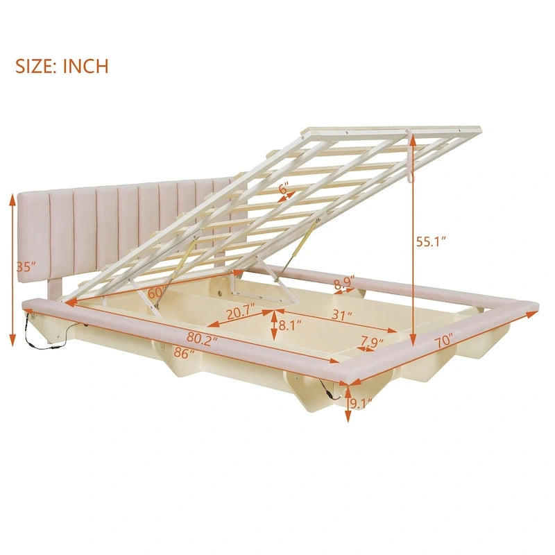 Lit Plateforme Capitonnée Queen Rose/Gris/Beige, 2 Personnes, LED & USB