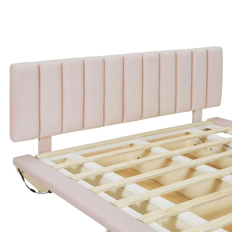 Lit Plateforme Capitonnée Queen Rose/Gris/Beige, 2 Personnes, LED & USB