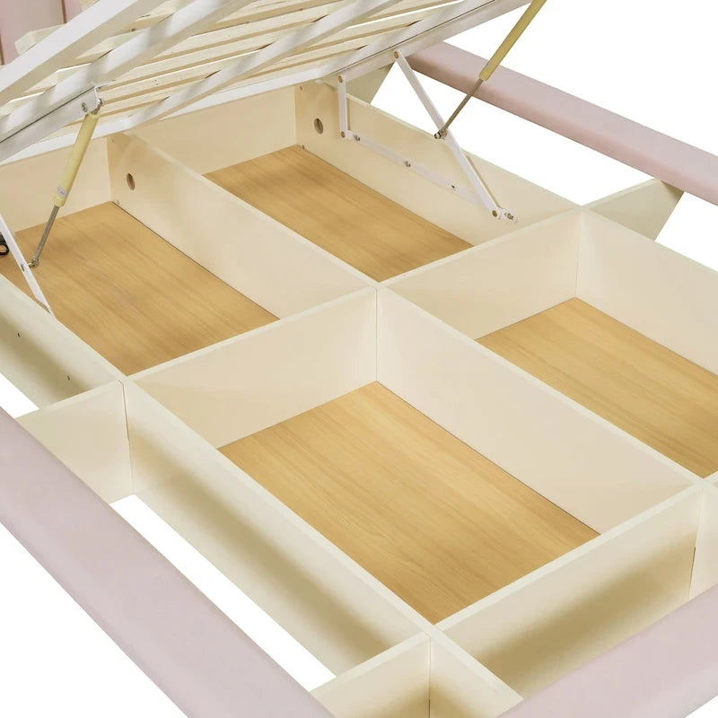 Lit Plateforme Capitonnée Queen Rose/Gris/Beige, 2 Personnes, LED & USB