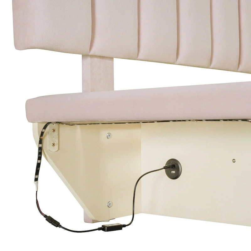 Lit Plateforme Capitonnée Queen Rose/Gris/Beige, 2 Personnes, LED & USB