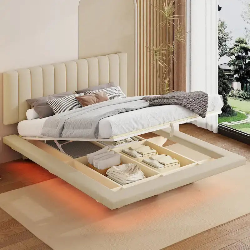 Lit Plateforme Capitonnée Queen Rose/Gris/Beige, 2 Personnes, LED & USB