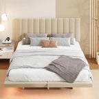 Lit Plateforme Capitonnée Queen Rose/Gris/Beige, 2 Personnes, LED & USB