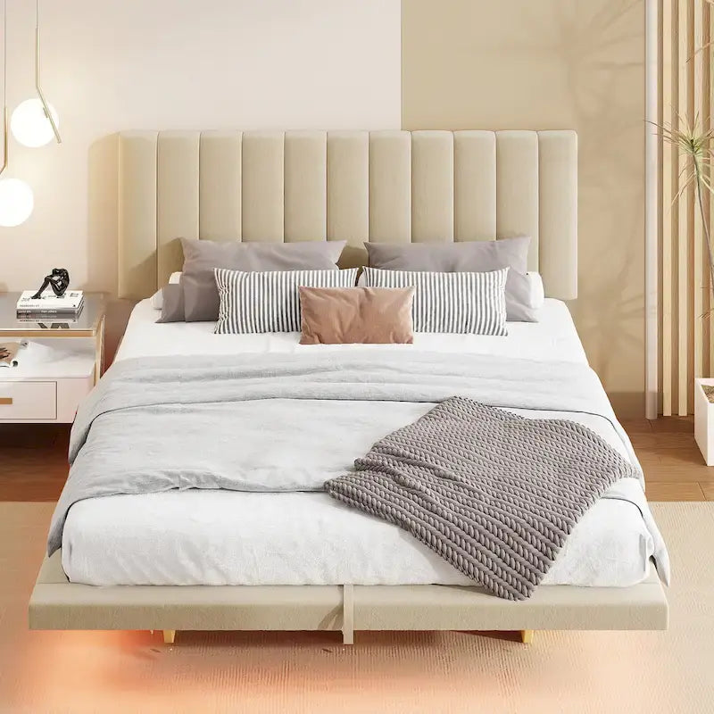 Lit Plateforme Capitonnée Queen Rose/Gris/Beige, 2 Personnes, LED & USB