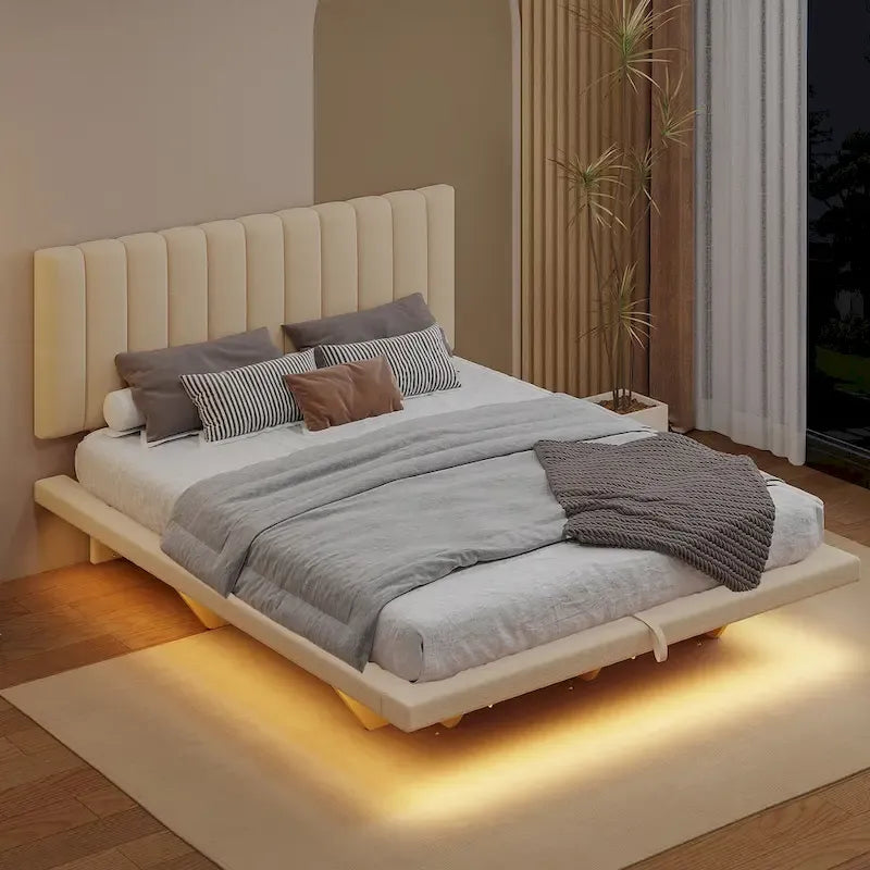 Lit Plateforme Capitonnée Queen Rose/Gris/Beige, 2 Personnes, LED & USB