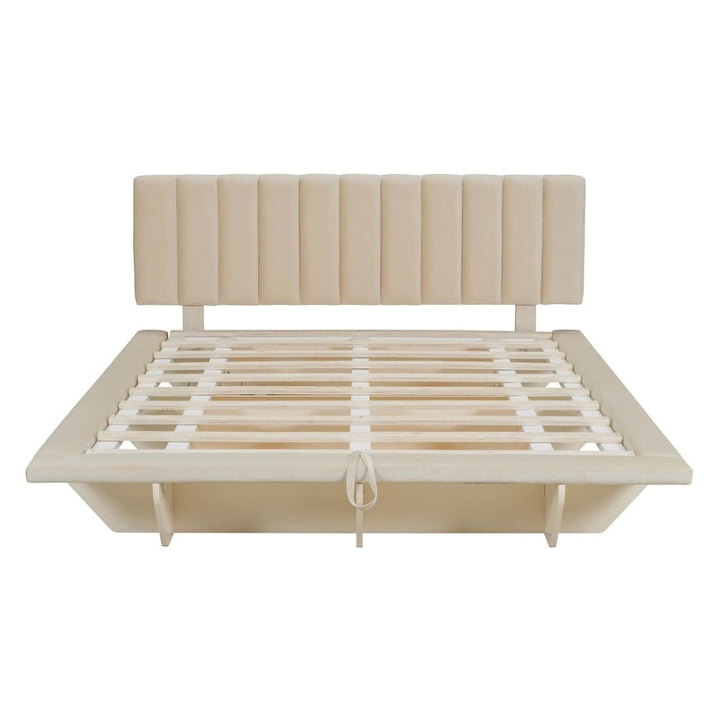 Lit Plateforme Capitonnée Queen Rose/Gris/Beige, 2 Personnes, LED & USB
