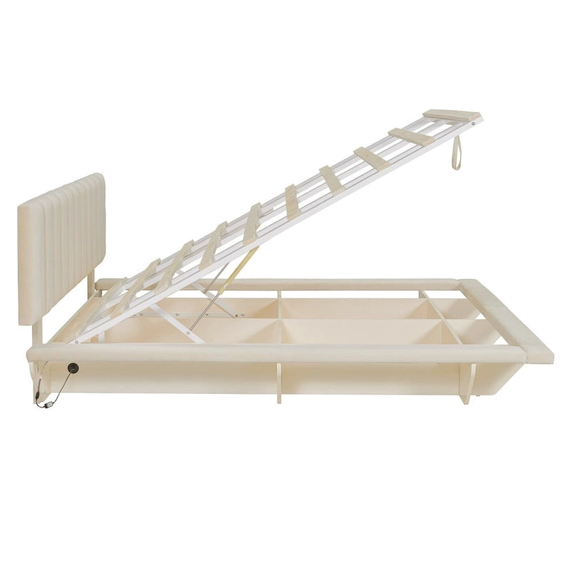 Lit Plateforme Capitonnée Queen Rose/Gris/Beige, 2 Personnes, LED & USB