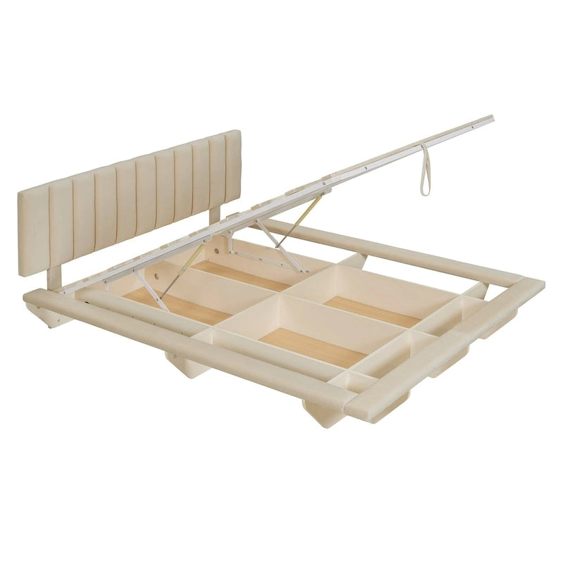 Lit Plateforme Capitonnée Queen Rose/Gris/Beige, 2 Personnes, LED & USB