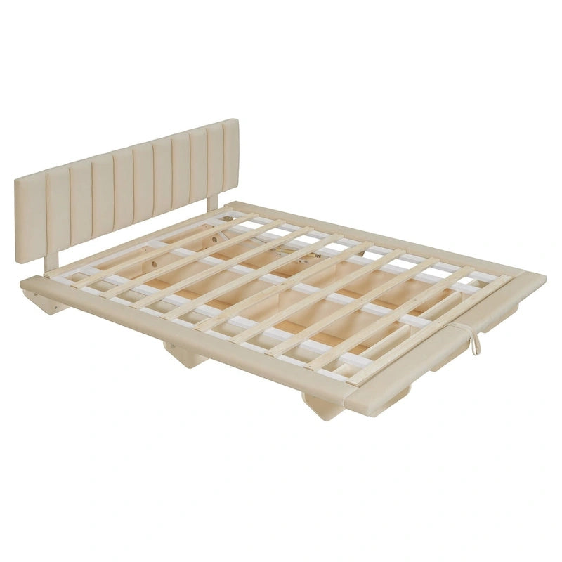 Lit Plateforme Capitonnée Queen Rose/Gris/Beige, 2 Personnes, LED & USB