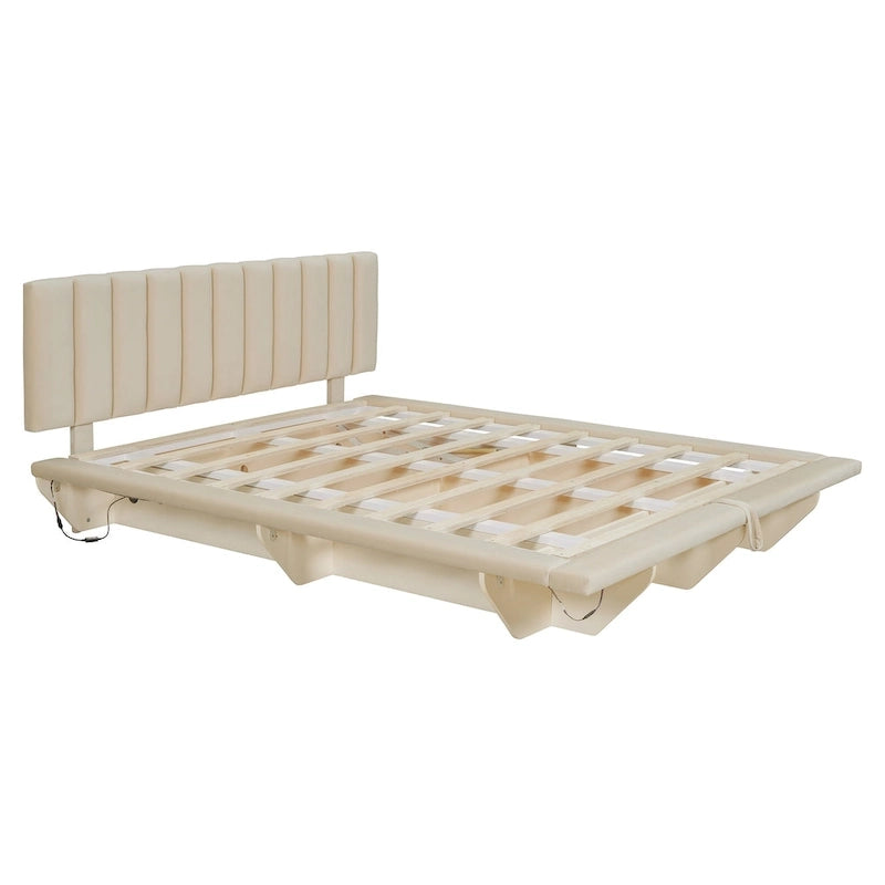 Lit Plateforme Capitonnée Queen Rose/Gris/Beige, 2 Personnes, LED & USB