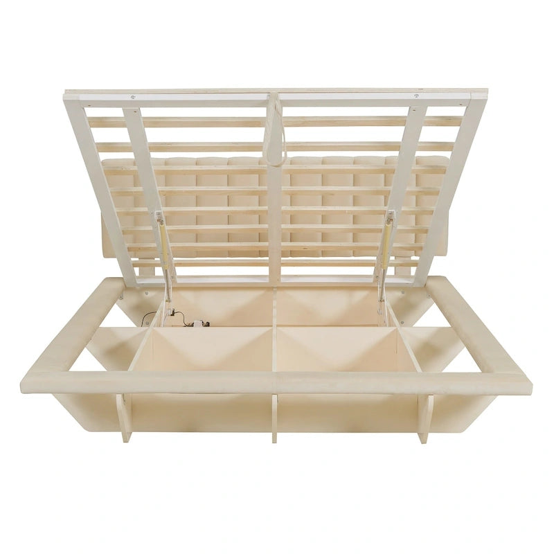 Lit Plateforme Capitonnée Queen Rose/Gris/Beige, 2 Personnes, LED & USB