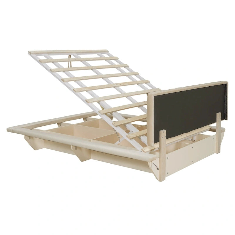Lit Plateforme Capitonnée Queen Rose/Gris/Beige, 2 Personnes, LED & USB
