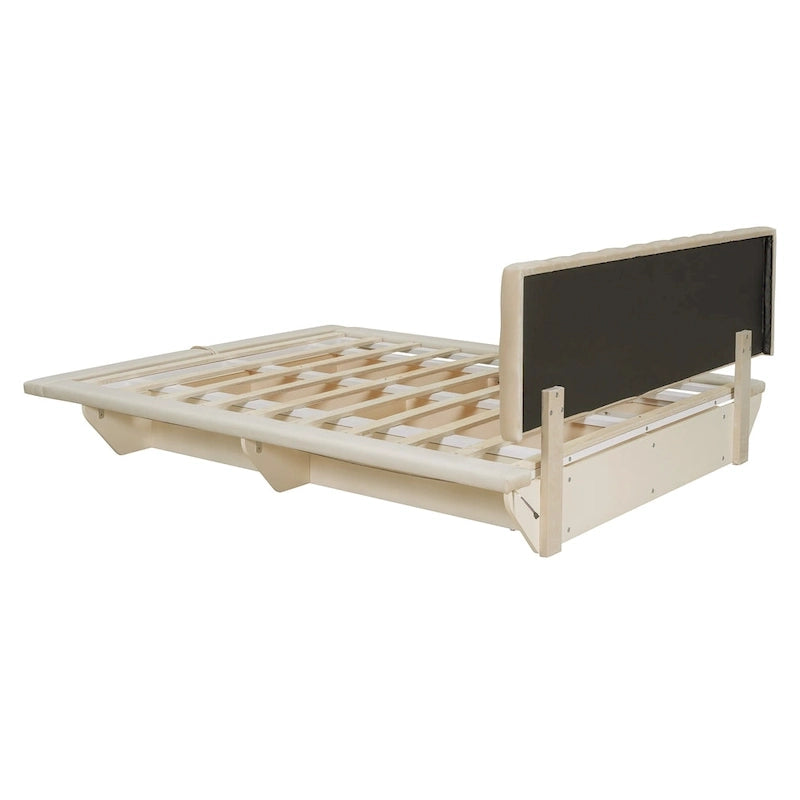 Lit Plateforme Capitonnée Queen Rose/Gris/Beige, 2 Personnes, LED & USB