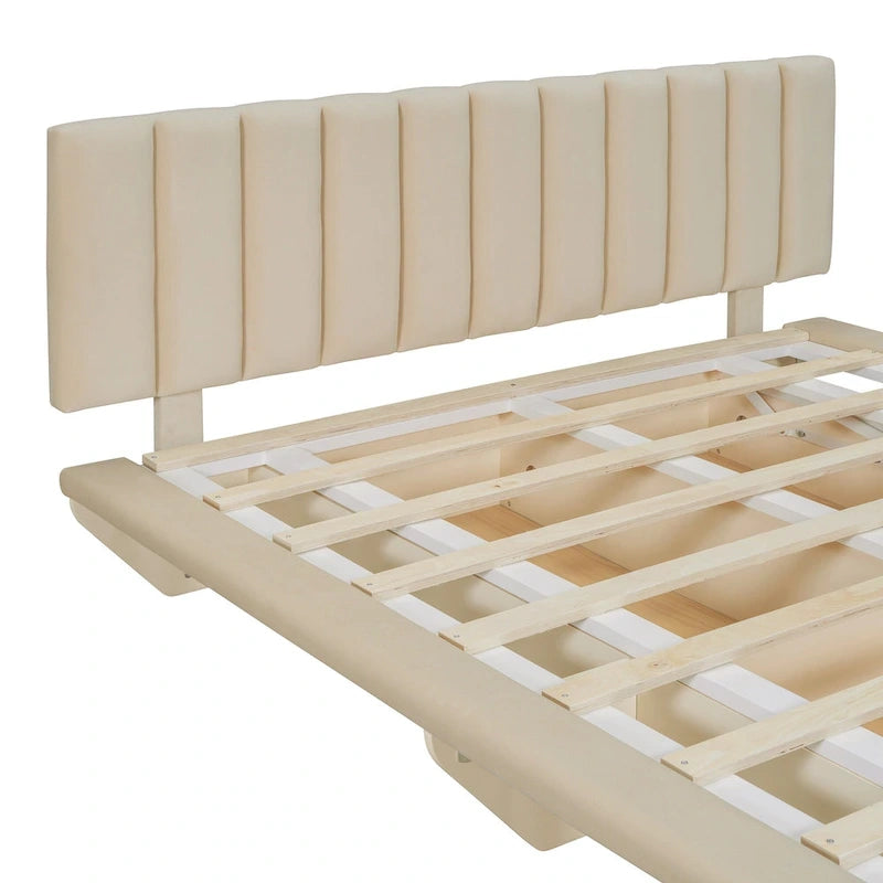 Lit Plateforme Capitonnée Queen Rose/Gris/Beige, 2 Personnes, LED & USB