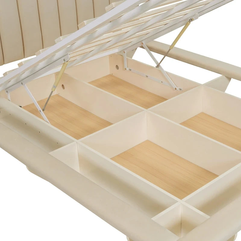 Lit Plateforme Capitonnée Queen Rose/Gris/Beige, 2 Personnes, LED & USB