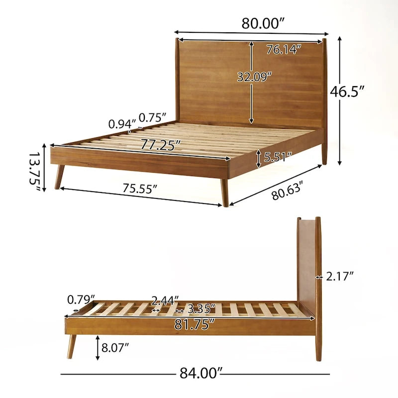 Lit plateforme de style moderne en bois d'acacia naturel, format King Size, avec pieds emblématiques évasés pour chambre à coucher