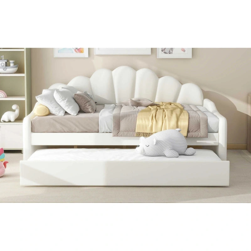 Lit de repos capitonné blanc pleine grandeur avec dossier en forme de coquille et lit gigogne pour chambre à coucher