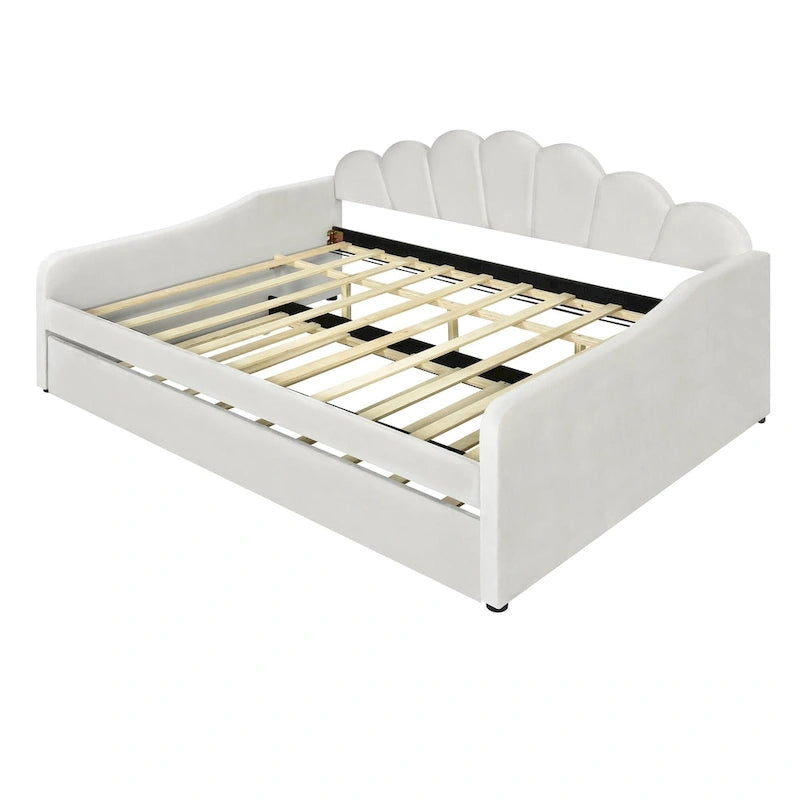 Lit de repos capitonné blanc pleine grandeur avec dossier en forme de coquille et lit gigogne pour chambre à coucher