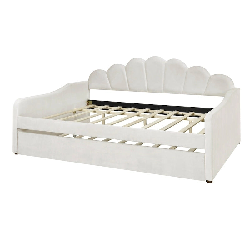 Lit de repos capitonné blanc pleine grandeur avec dossier en forme de coquille et lit gigogne pour chambre à coucher