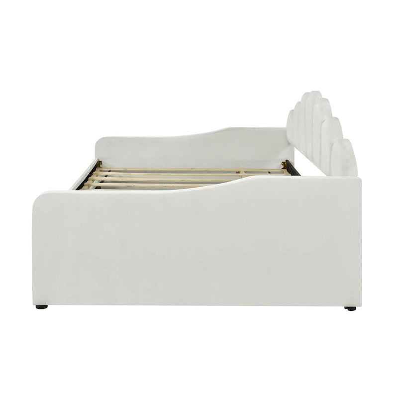 Lit de repos capitonné blanc pleine grandeur avec dossier en forme de coquille et lit gigogne pour chambre à coucher