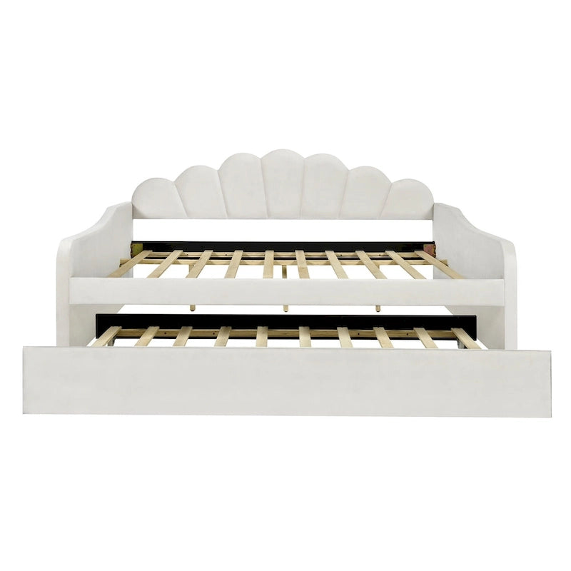 Lit de repos capitonné blanc pleine grandeur avec dossier en forme de coquille et lit gigogne pour chambre à coucher