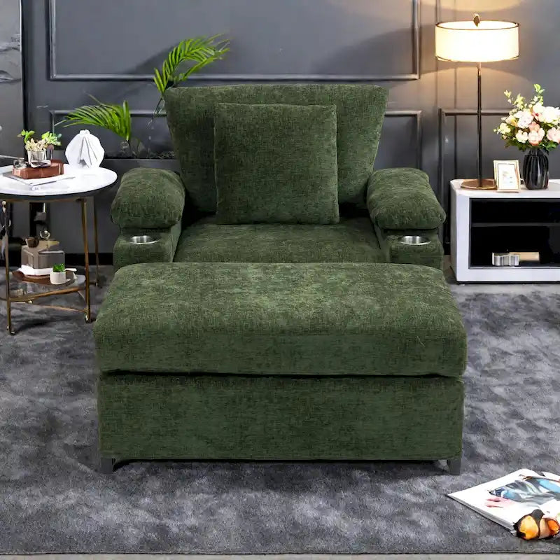 Fauteuil d'appoint surdimensionné en chenille avec pouf, ports de charge USB et canapé-lit convertible