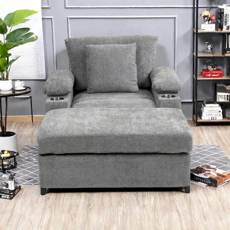 Fauteuil d'appoint surdimensionné en chenille avec pouf, ports de charge USB et canapé-lit convertible
