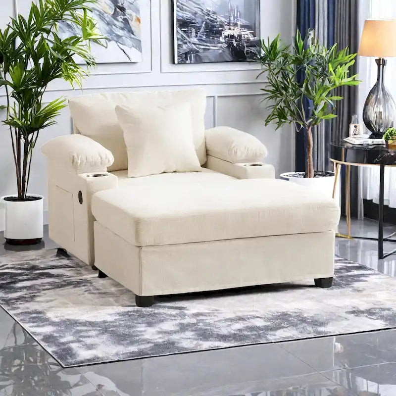 Fauteuil d'appoint surdimensionné en chenille avec pouf, ports de charge USB et canapé-lit convertible