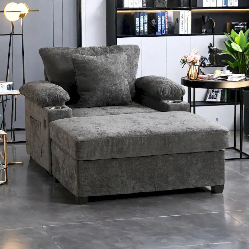 Fauteuil d'appoint surdimensionné en chenille avec pouf, ports de charge USB et canapé-lit convertible