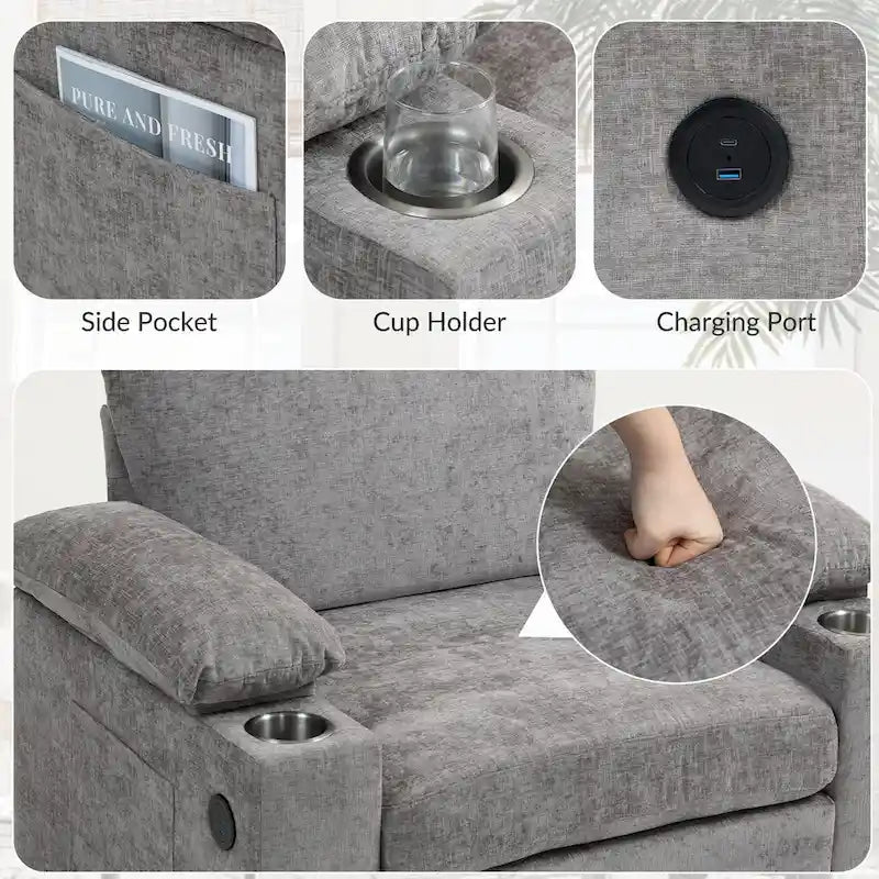 Fauteuil d'appoint surdimensionné en chenille avec pouf, ports de charge USB et canapé-lit convertible