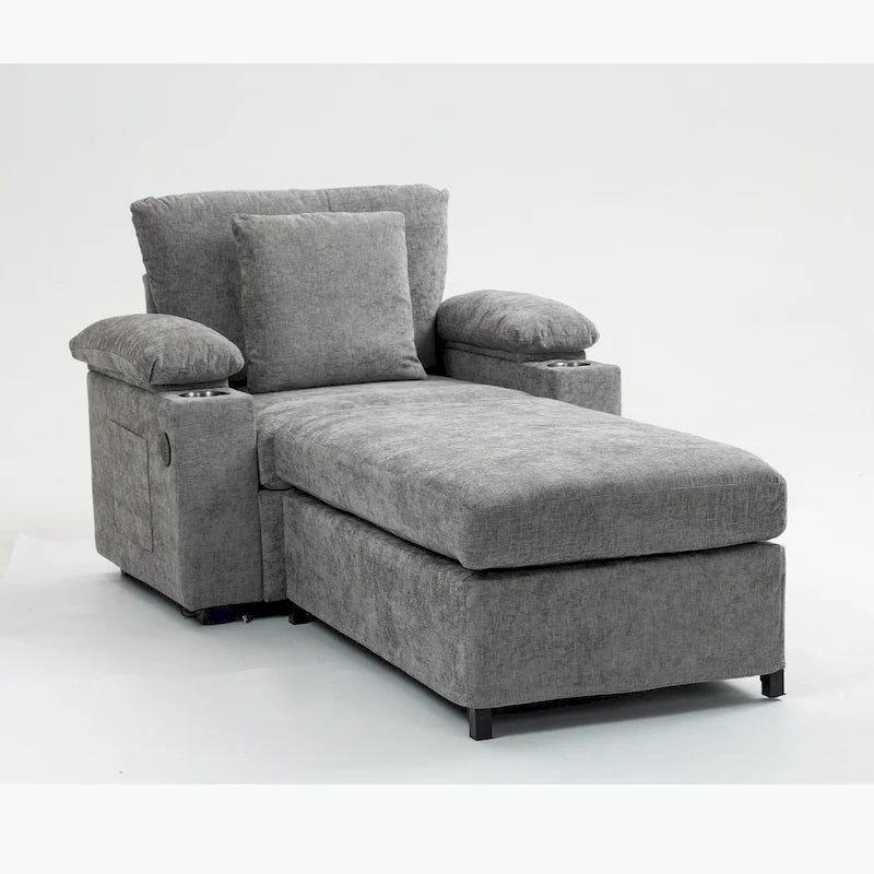 Fauteuil d'appoint surdimensionné en chenille avec pouf, ports de charge USB et canapé-lit convertible