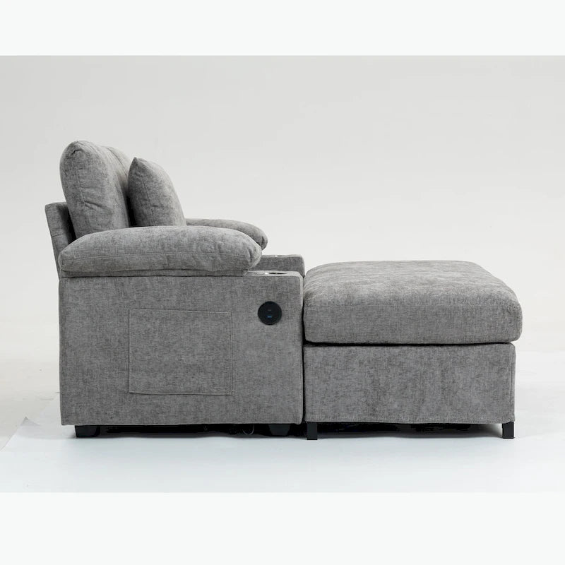 Fauteuil d'appoint surdimensionné en chenille avec pouf, ports de charge USB et canapé-lit convertible