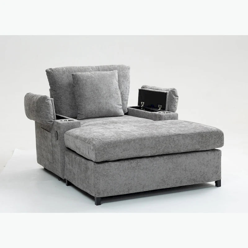 Fauteuil d'appoint surdimensionné en chenille avec pouf, ports de charge USB et canapé-lit convertible