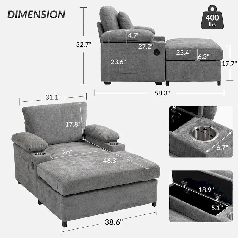 Fauteuil d'appoint surdimensionné en chenille avec pouf, ports de charge USB et canapé-lit convertible