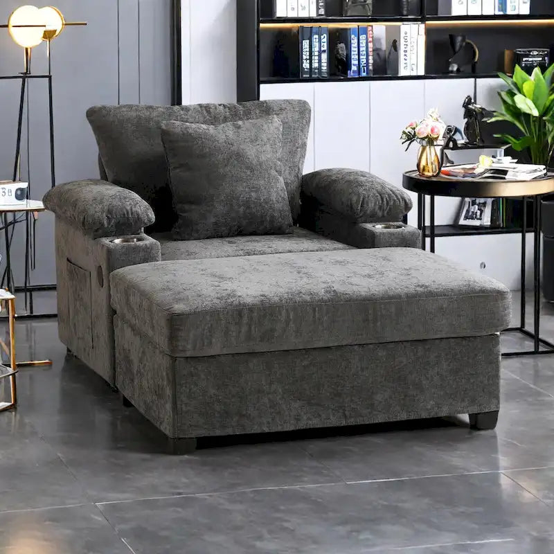 Fauteuil d'appoint surdimensionné en chenille avec pouf, ports de charge USB et canapé-lit convertible