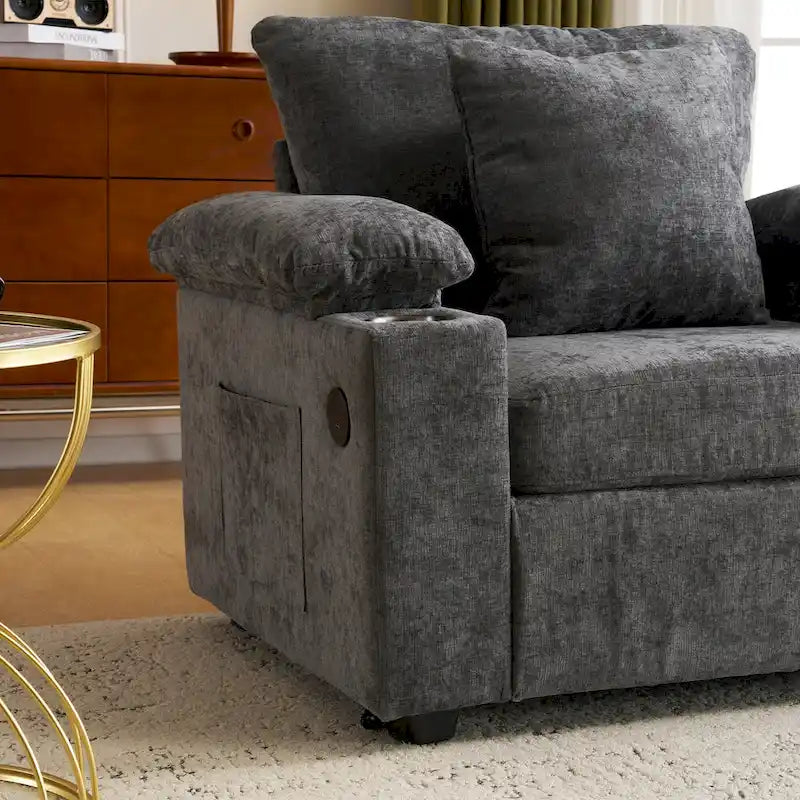 Fauteuil d'appoint surdimensionné en chenille avec pouf, ports de charge USB et canapé-lit convertible