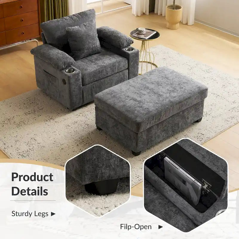 Fauteuil d'appoint surdimensionné en chenille avec pouf, ports de charge USB et canapé-lit convertible