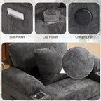 Fauteuil d'appoint surdimensionné en chenille avec pouf, ports de charge USB et canapé-lit convertible