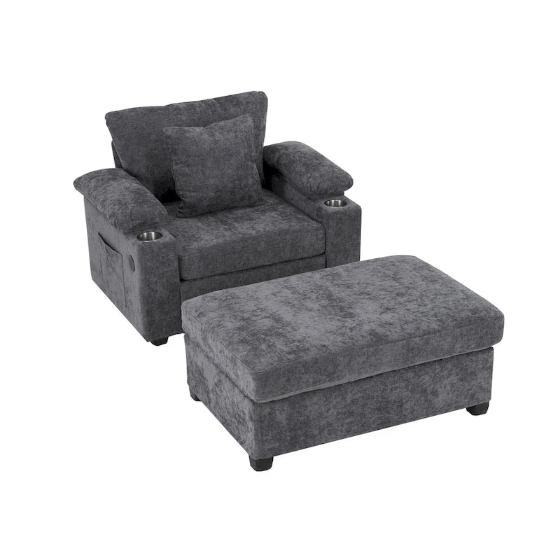 Fauteuil d'appoint surdimensionné en chenille avec pouf, ports de charge USB et canapé-lit convertible