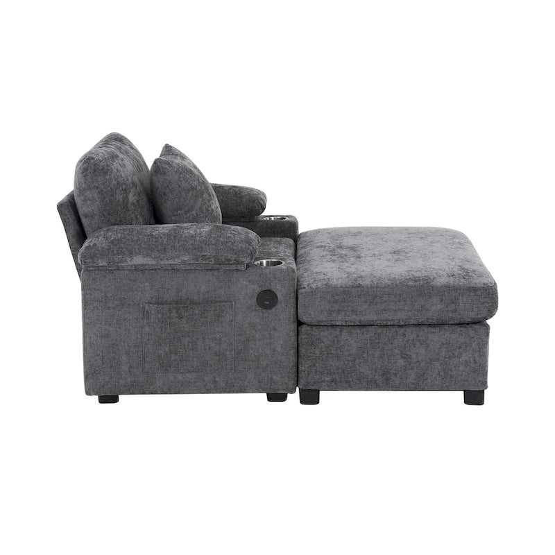Fauteuil d'appoint surdimensionné en chenille avec pouf, ports de charge USB et canapé-lit convertible
