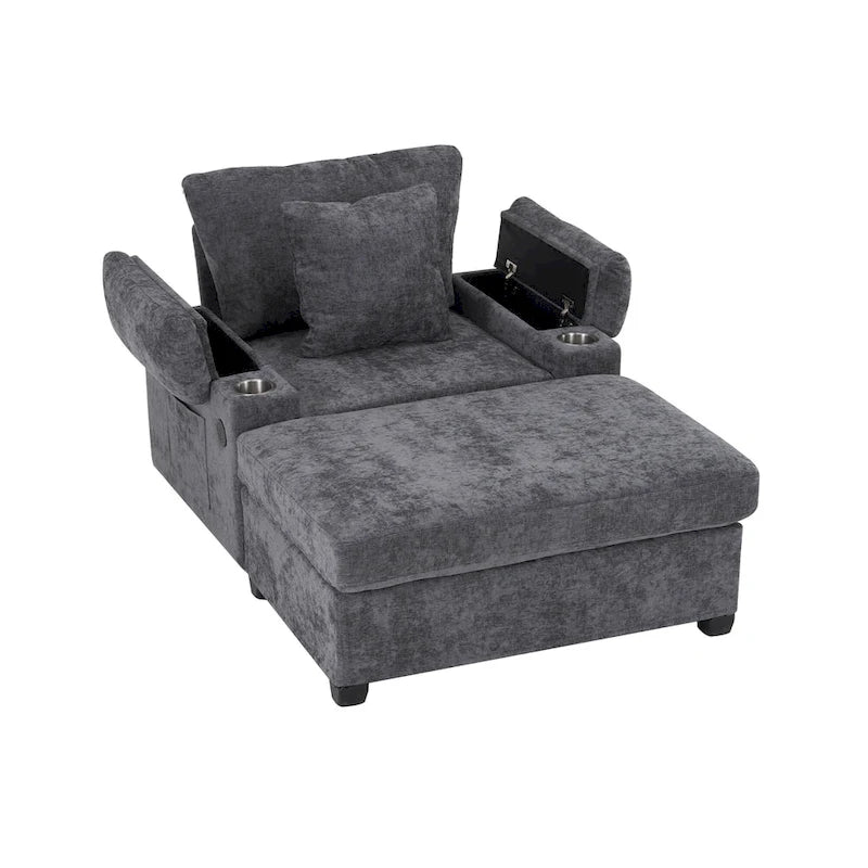 Fauteuil d'appoint surdimensionné en chenille avec pouf, ports de charge USB et canapé-lit convertible