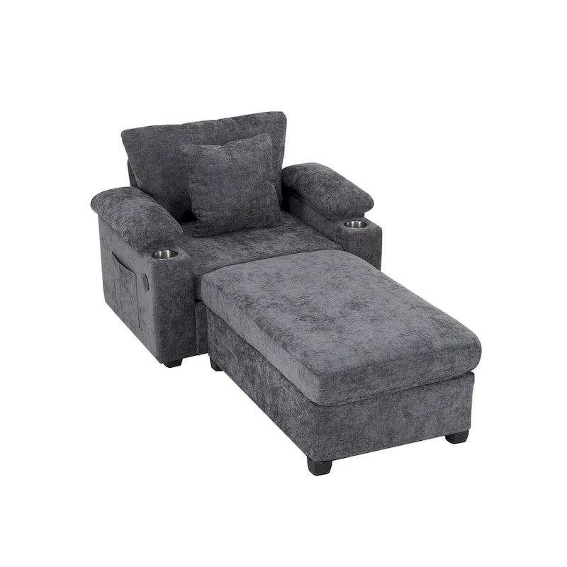 Fauteuil d'appoint surdimensionné en chenille avec pouf, ports de charge USB et canapé-lit convertible