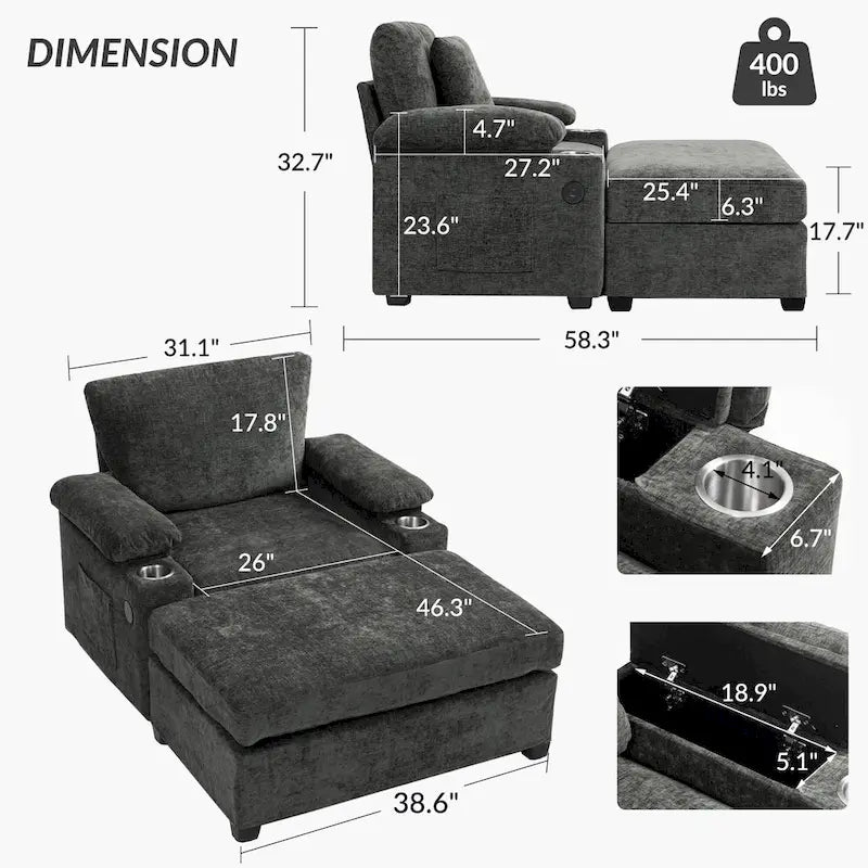 Fauteuil d'appoint surdimensionné en chenille avec pouf, ports de charge USB et canapé-lit convertible